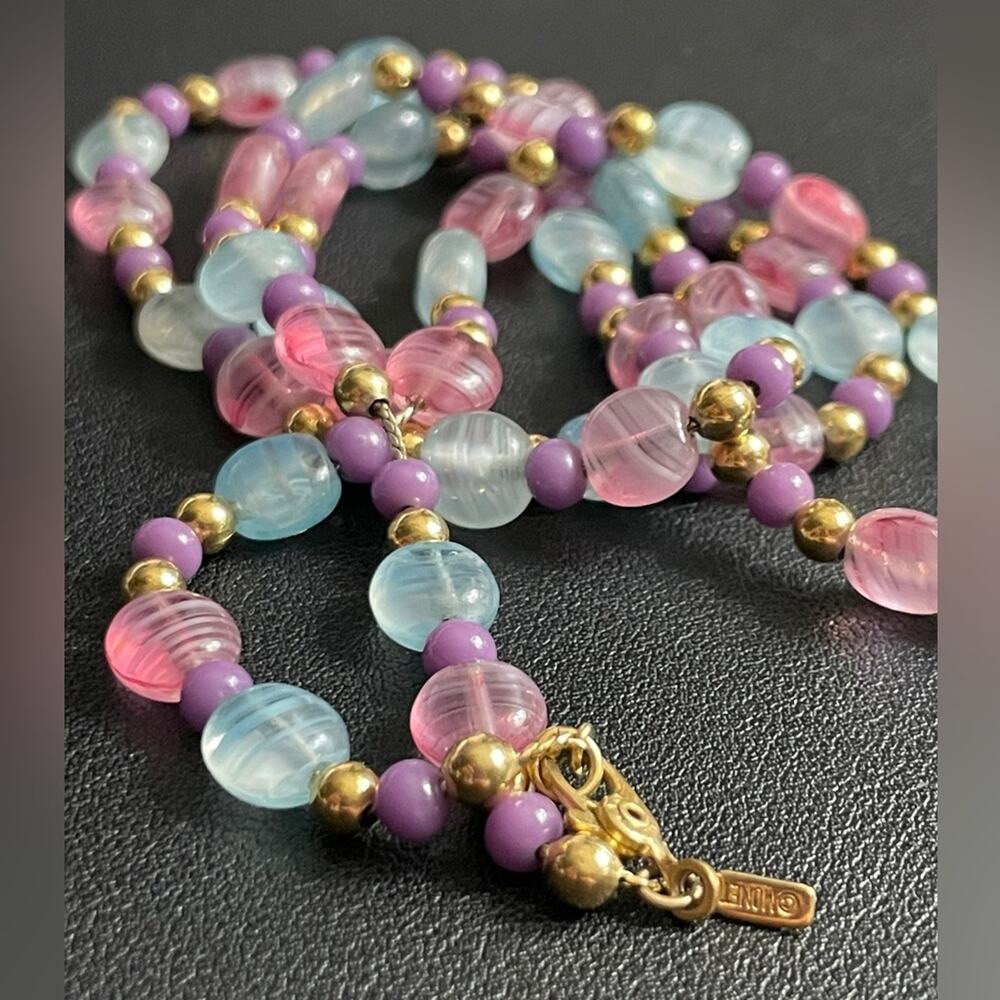 Vintage MONET Necklace Glass Plastic Beaded Gold Tone